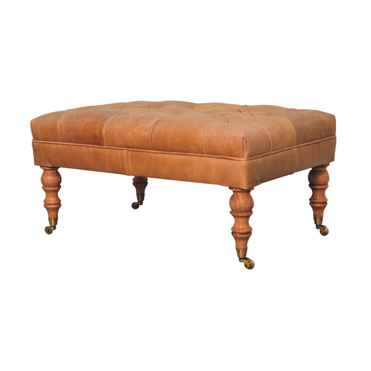 Buffalo Leather Ottoman with Castor Legs - Tan