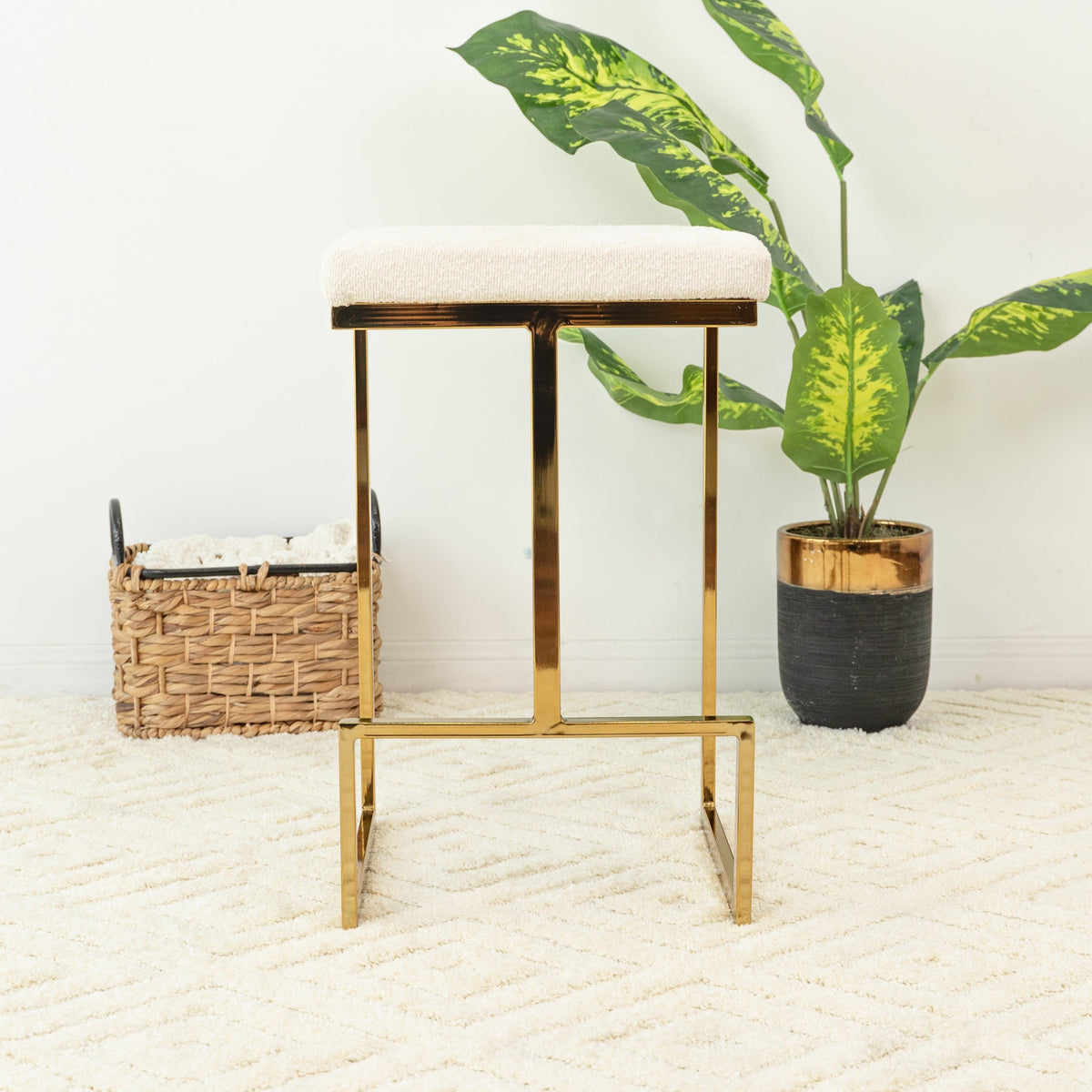 Mid Century Modern Upholstered Stool with Boucle Fabric - Beige or Grey