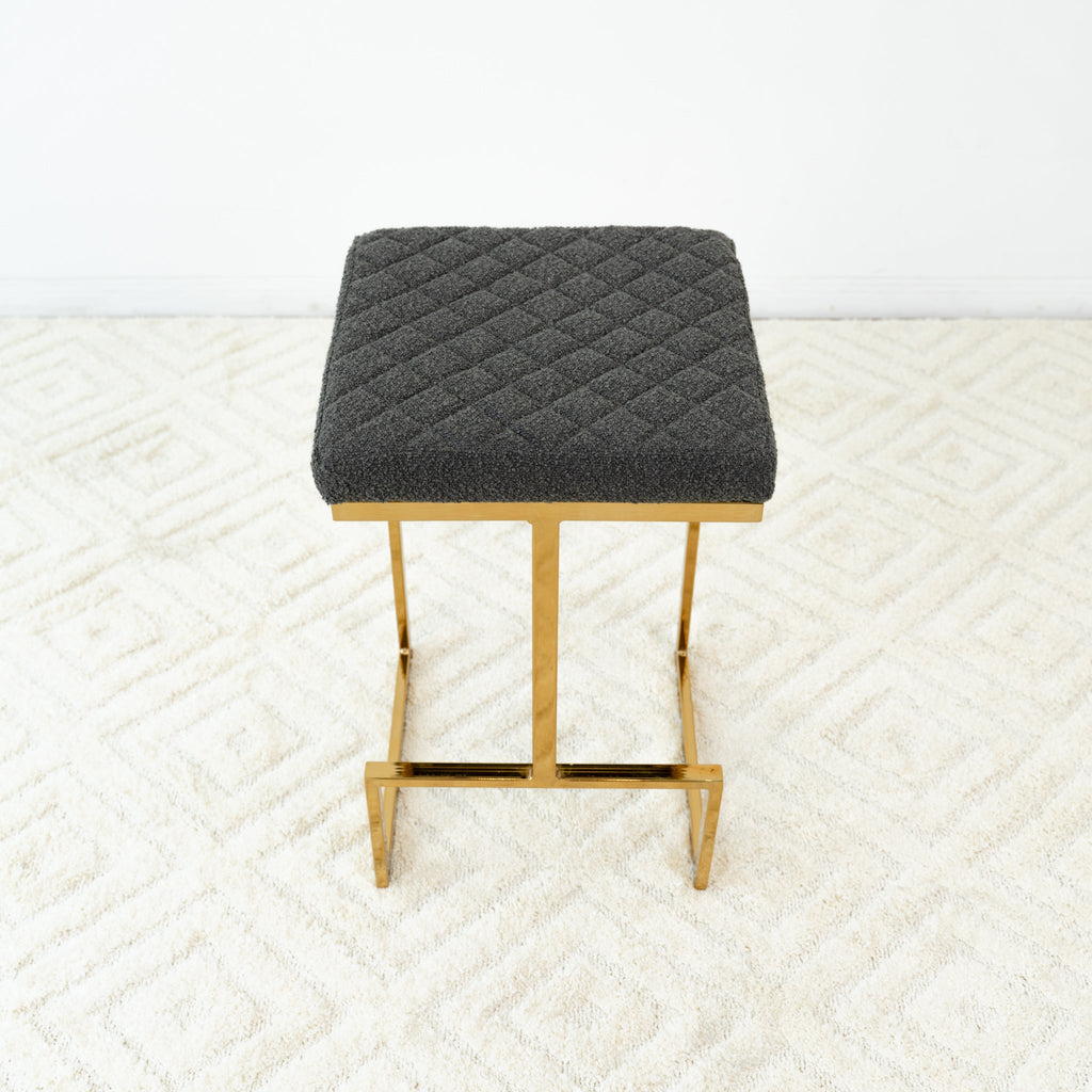 Mid Century Modern Upholstered Stool with Boucle Fabric - Beige or Grey
