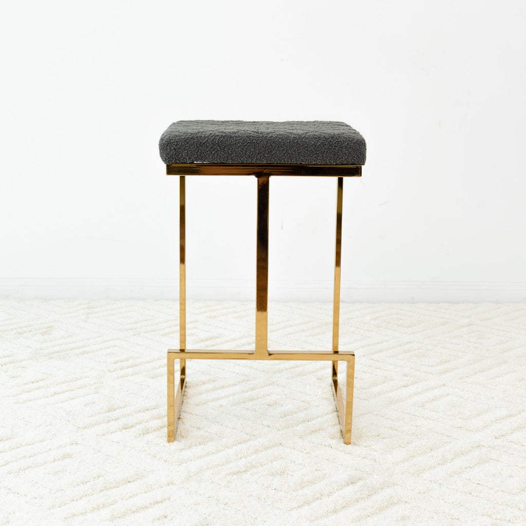 Mid Century Modern Upholstered Stool with Boucle Fabric - Beige or Grey