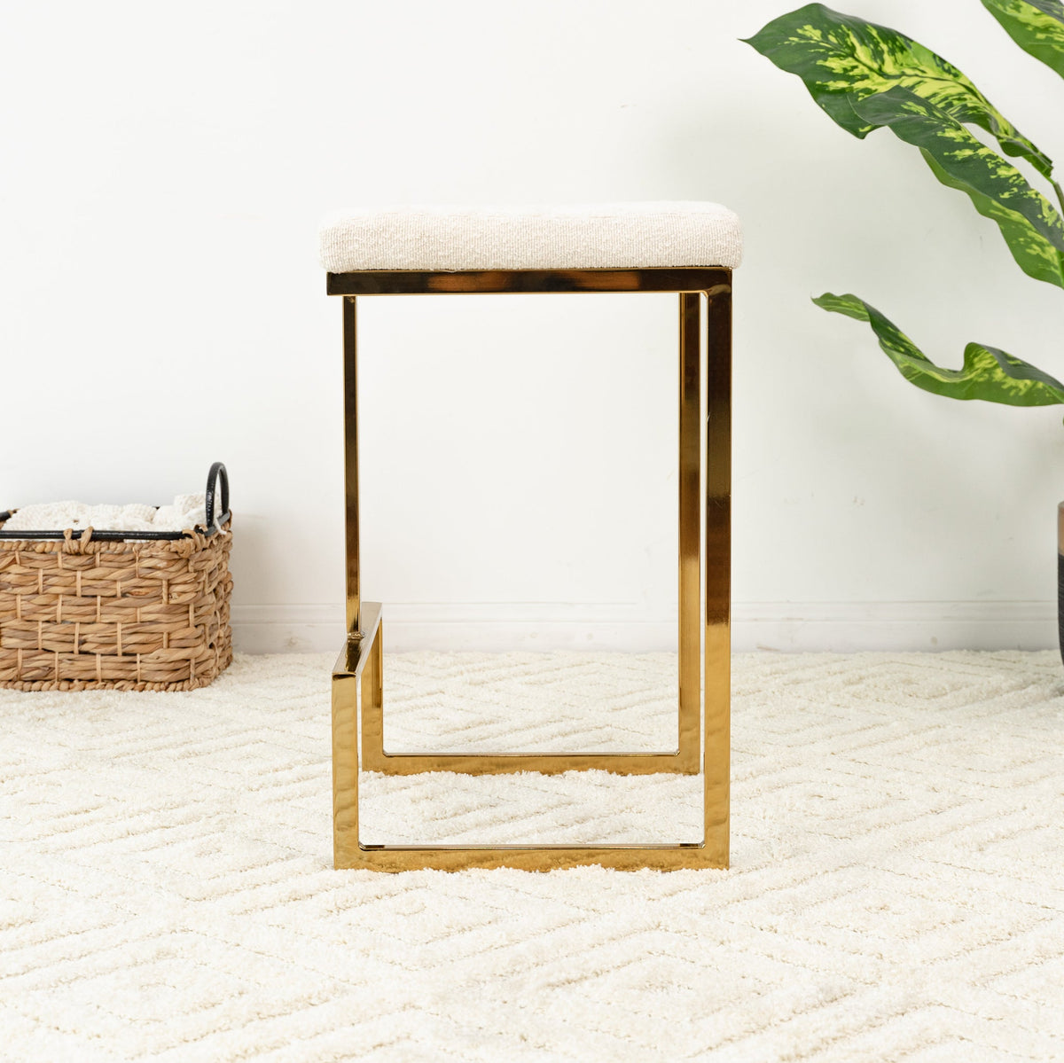 Mid Century Modern Upholstered Stool with Boucle Fabric - Beige or Grey