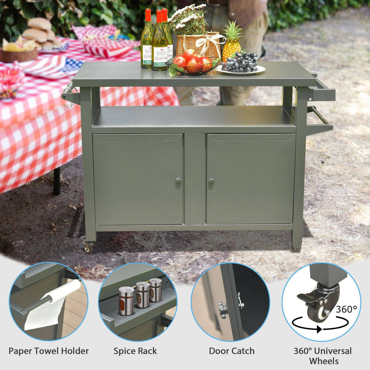 Metal Outdoor Grill Carts Cabinet with Wheels - Grey