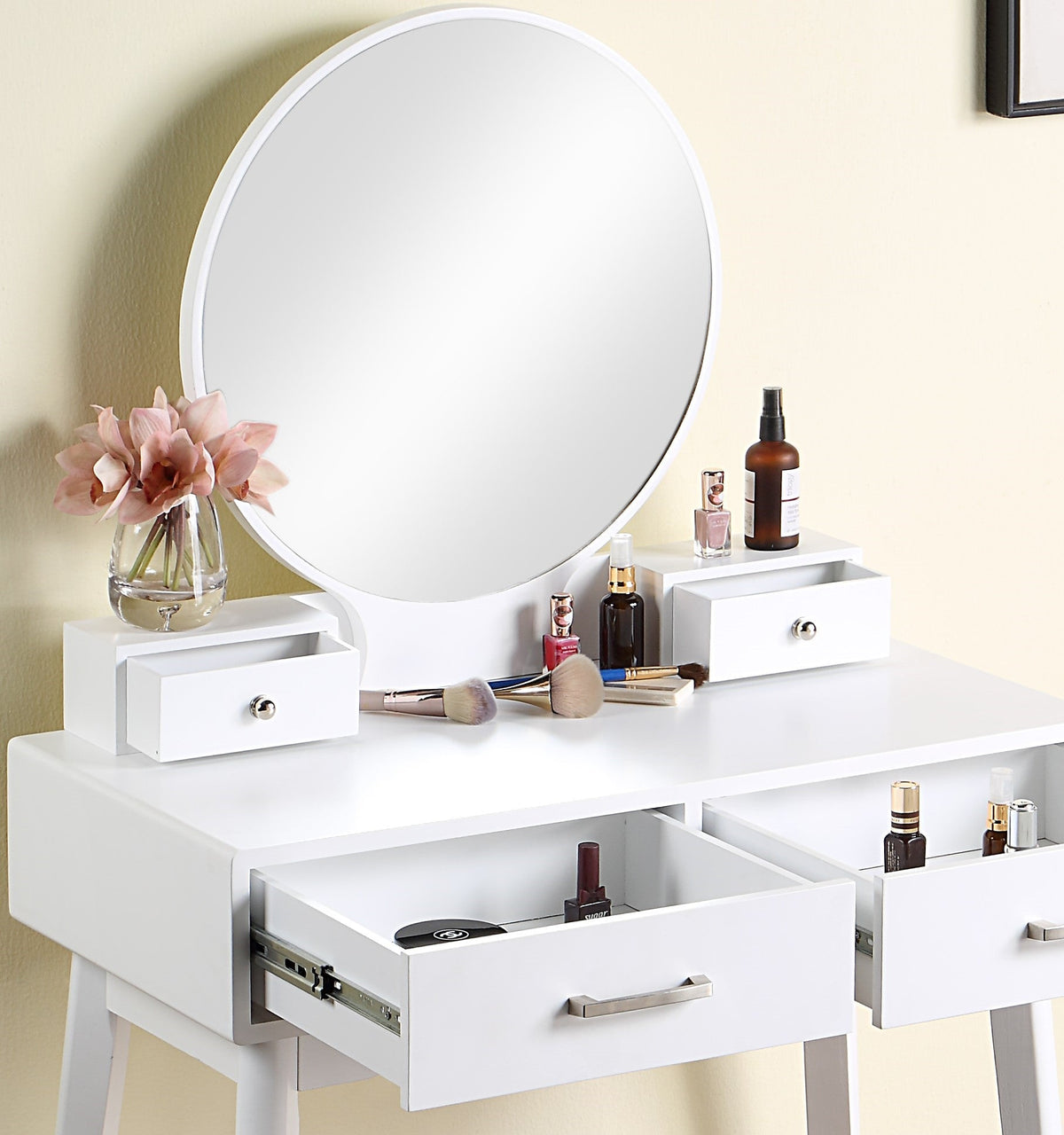 Liannon Contemporary Wood Vanity and Stool Set with Storage Drawers - Natural Wood