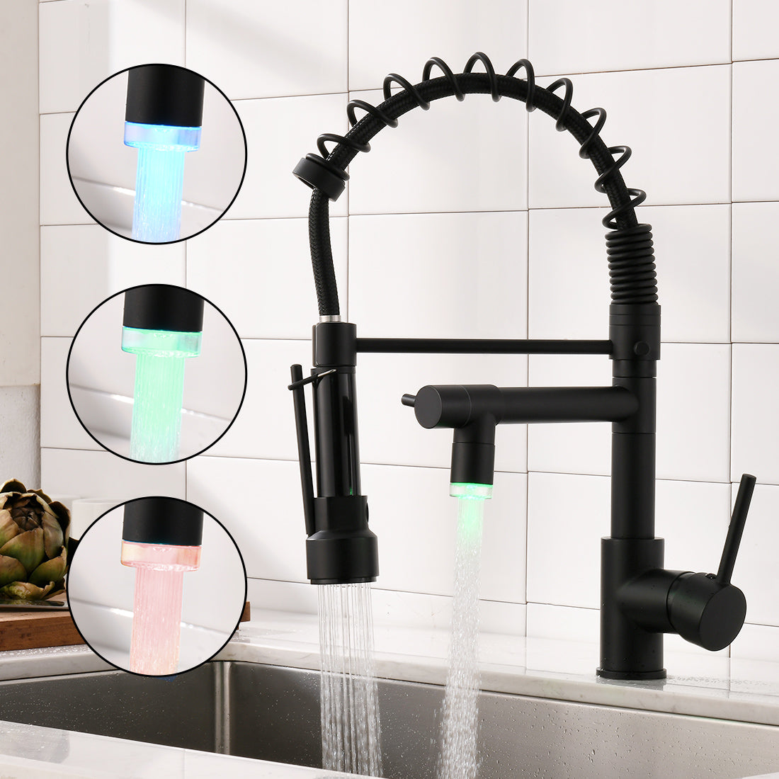 LED Commercial Kitchen Faucet with Pull Down Sprayer - Matte Black