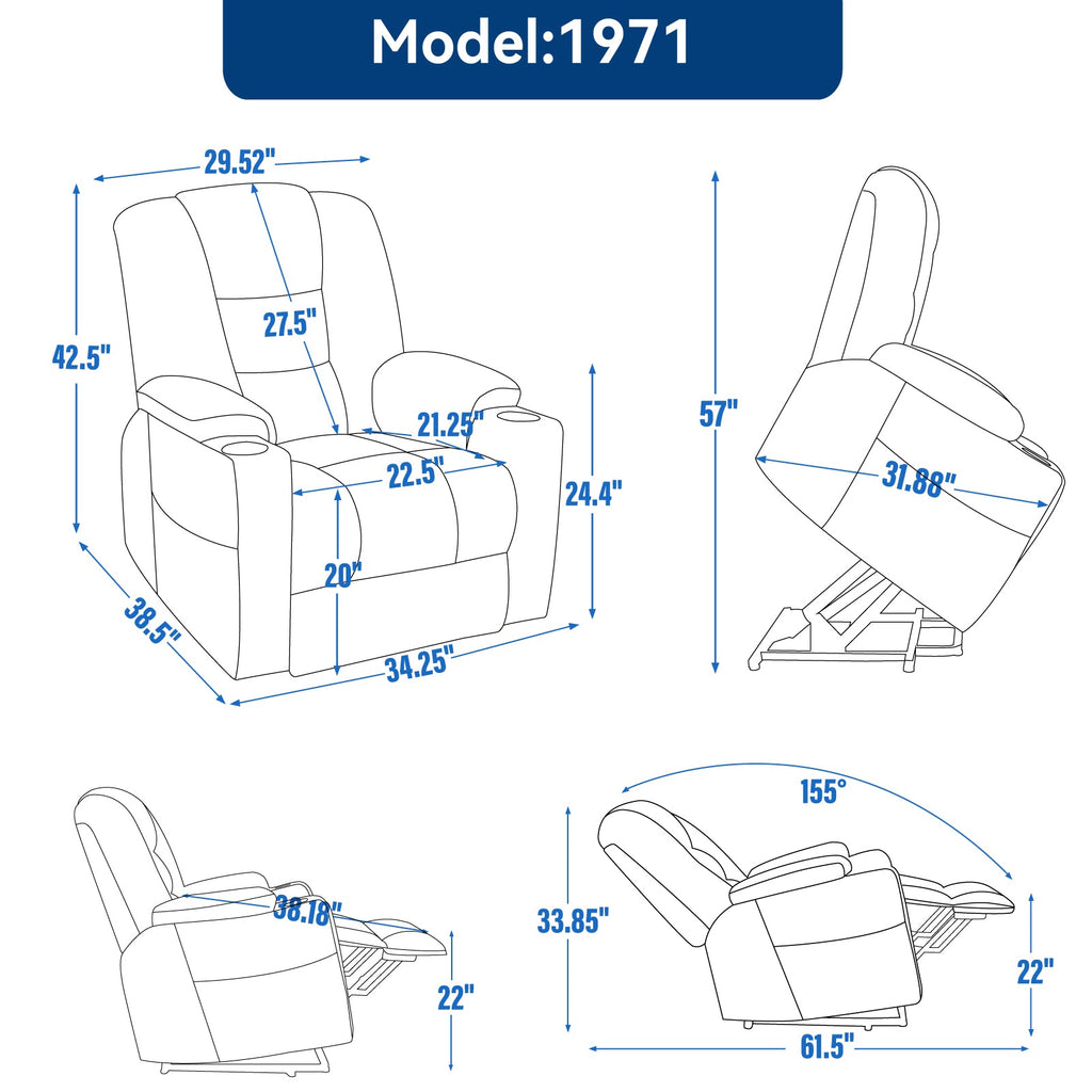 Large Power Lift Recliner Chair with Massage & Heat - Chenille