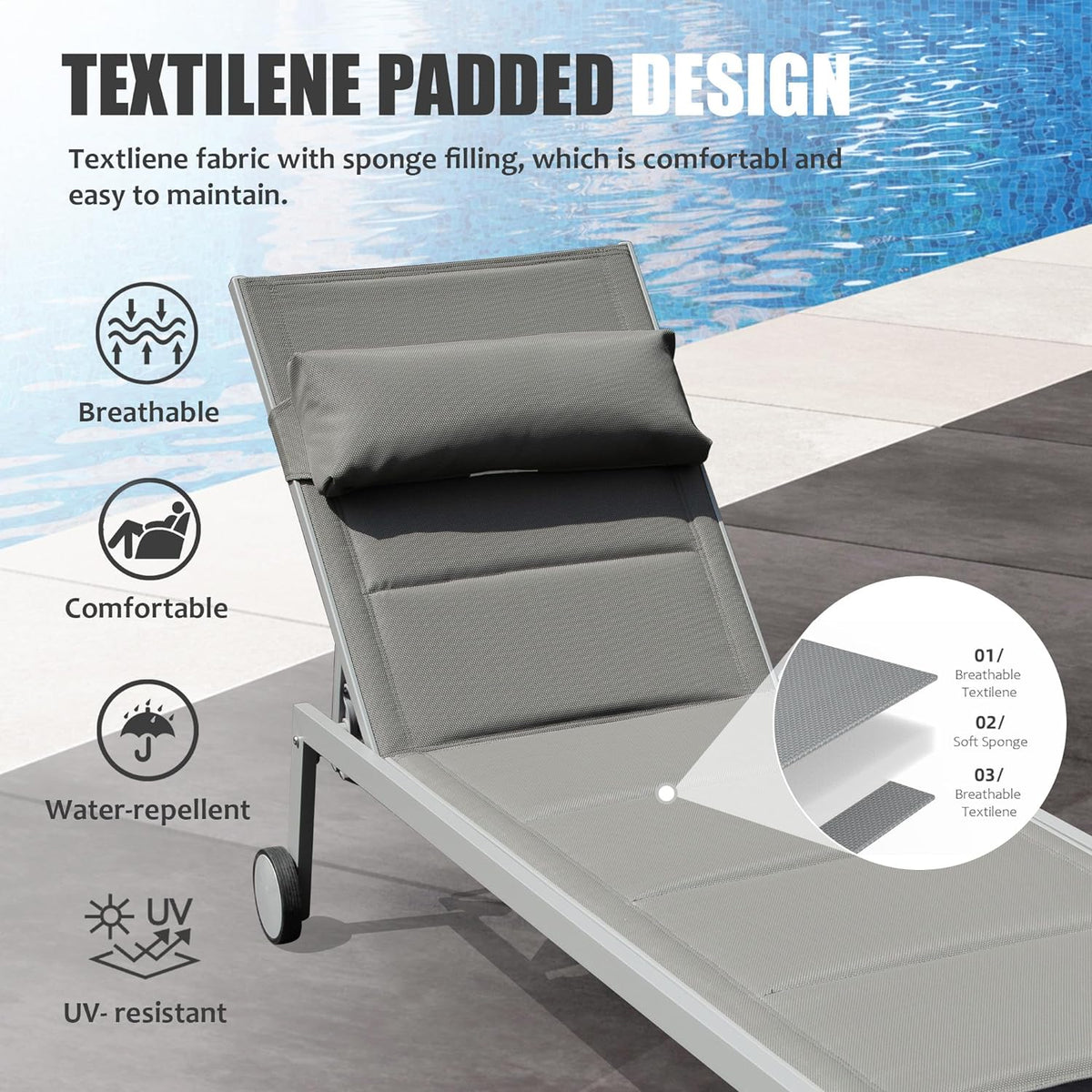 Outdoor Aluminum Patio Chaise Lounge Set of 3 with Adjustable Recliner - Grey