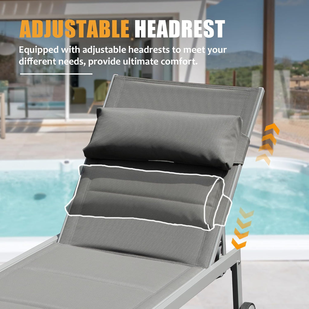 Outdoor Aluminum Patio Chaise Lounge Set of 3 with Adjustable Recliner - Grey