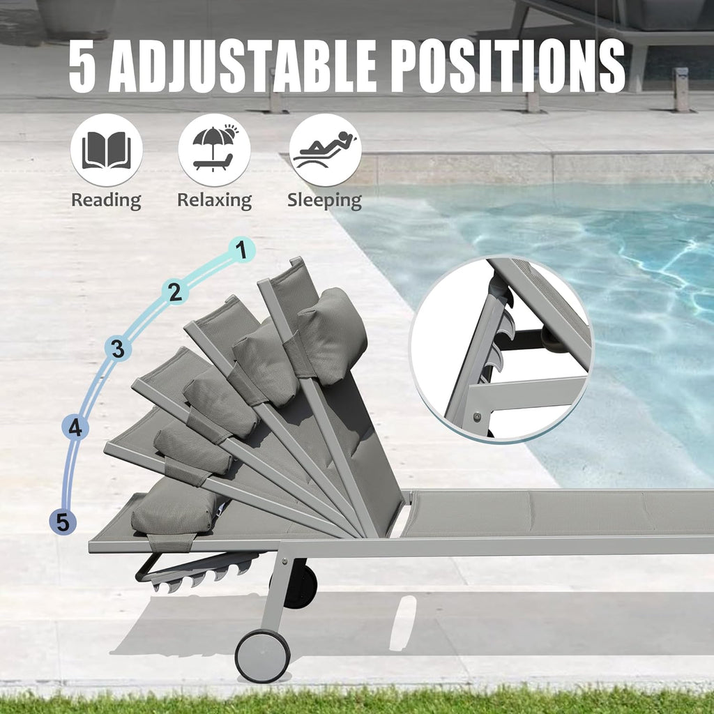 Outdoor Aluminum Patio Chaise Lounge Set of 3 with Adjustable Recliner - Grey