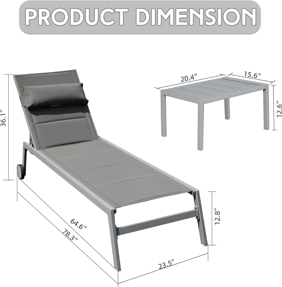 Outdoor Aluminum Patio Chaise Lounge Set of 3 with Adjustable Recliner - Grey