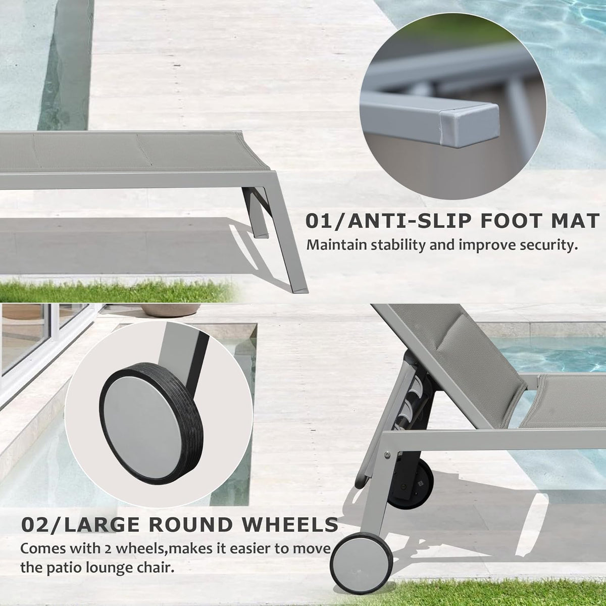 Outdoor Aluminum Patio Chaise Lounge Set of 3 with Adjustable Recliner - Grey