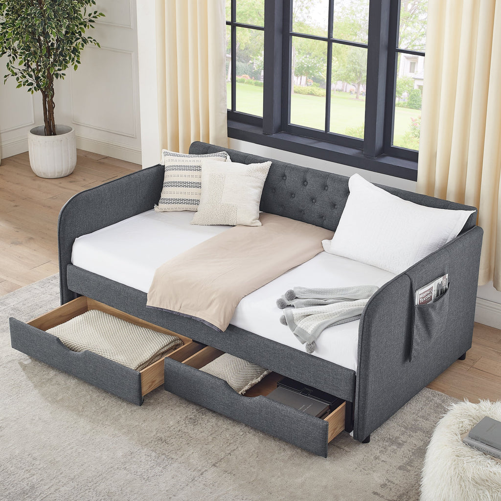 Twin Size Upholstery Daybed with Trundle Bed and Storage Drawers