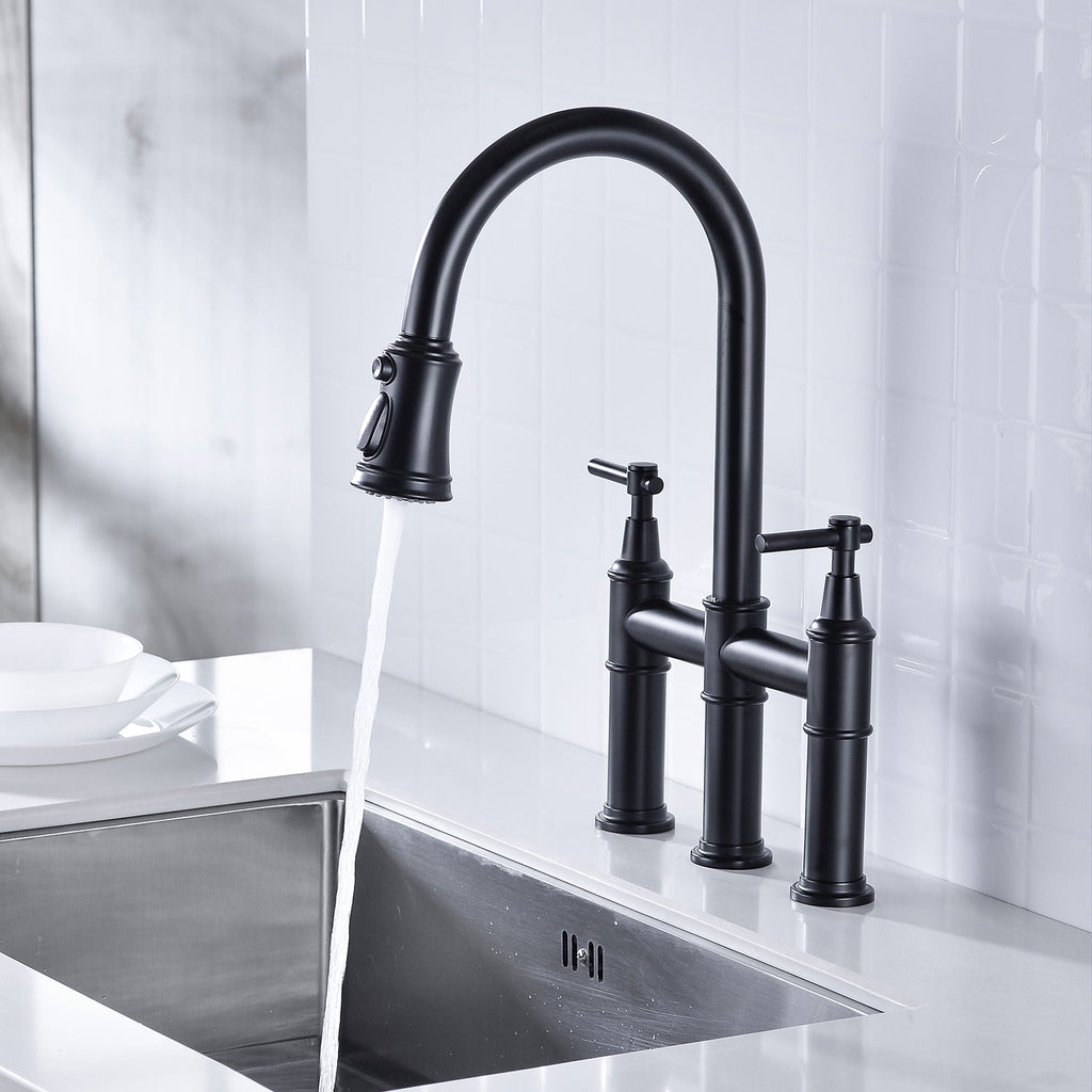Bridge Kitchen Faucet with Pull-Down Sprayhead - Brass