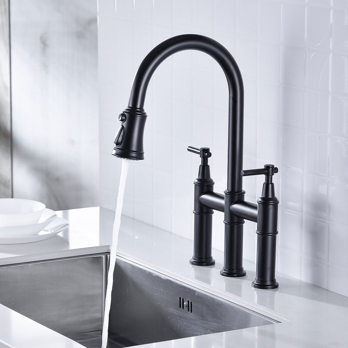 Bridge Kitchen Faucet with Pull-Down Sprayhead - Brass