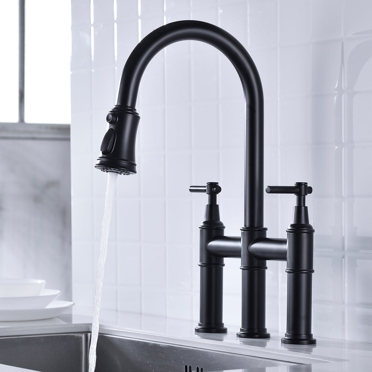 Bridge Kitchen Faucet with Pull-Down Sprayhead - Brass