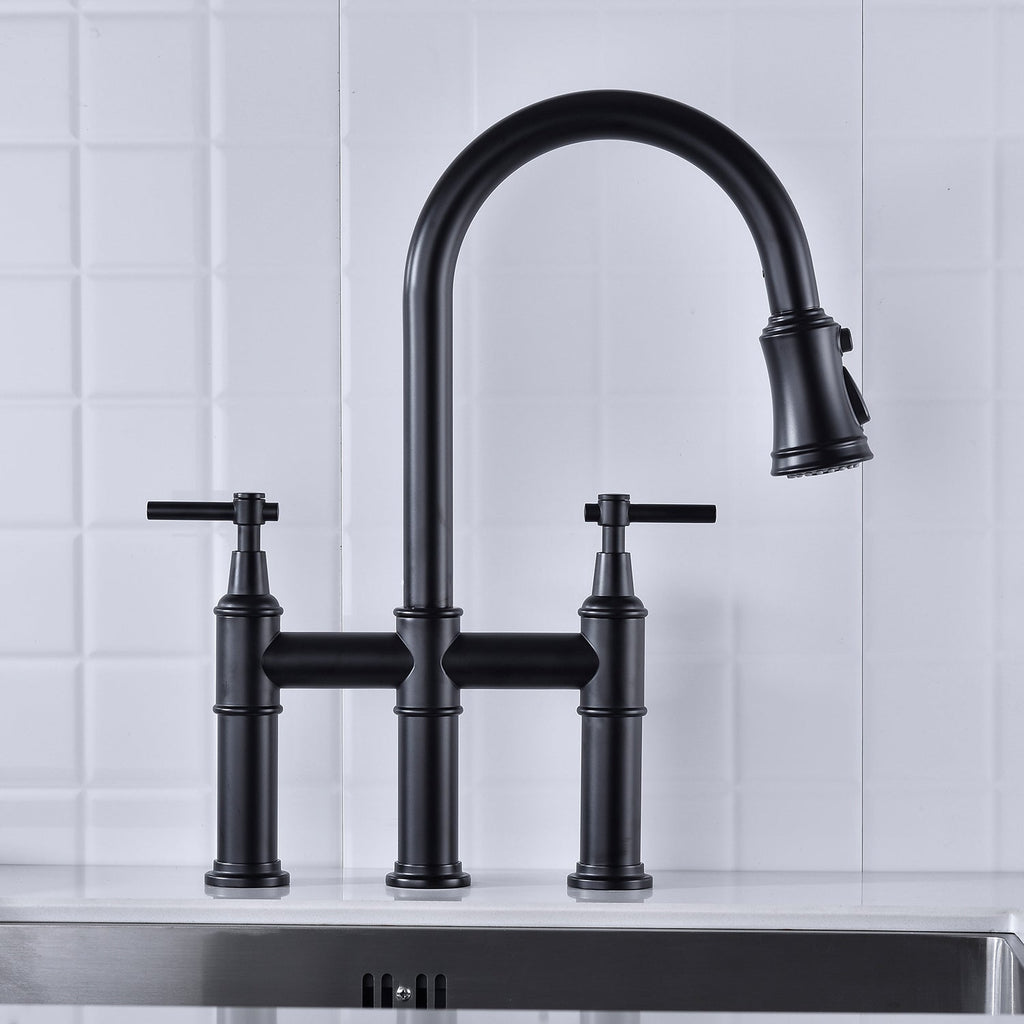 Bridge Kitchen Faucet with Pull-Down Sprayhead - Brass