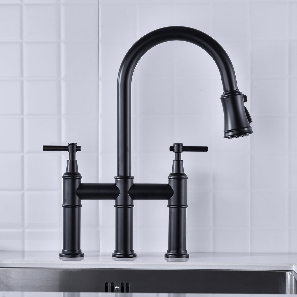 Bridge Kitchen Faucet with Pull-Down Sprayhead - Brass
