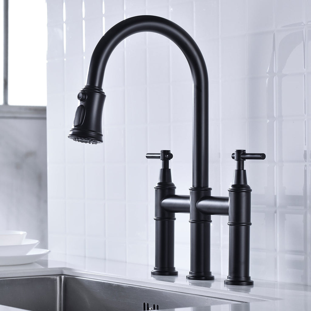 Bridge Kitchen Faucet with Pull-Down Sprayhead - Brass