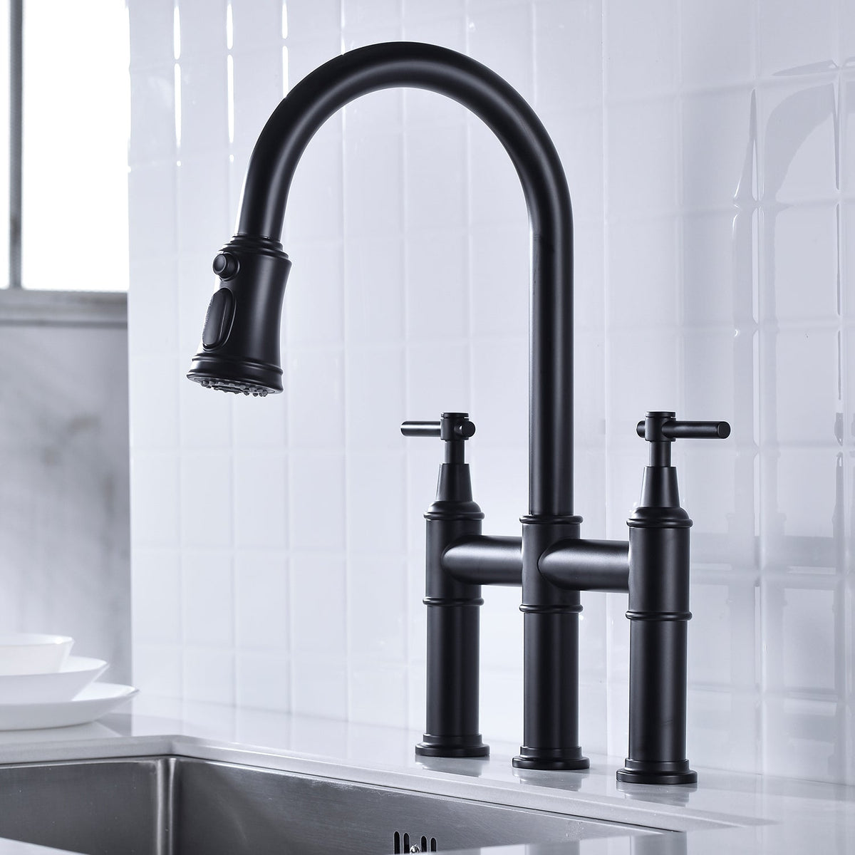 Bridge Kitchen Faucet with Pull-Down Sprayhead - Brass