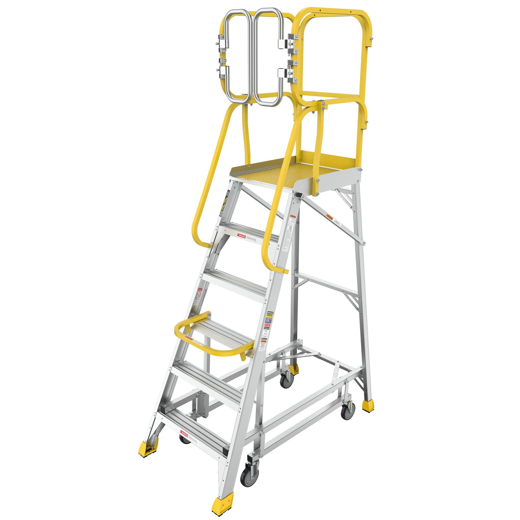 6 Step Aluminum Rolling Platform Ladder with 375 lb Capacity - Silver