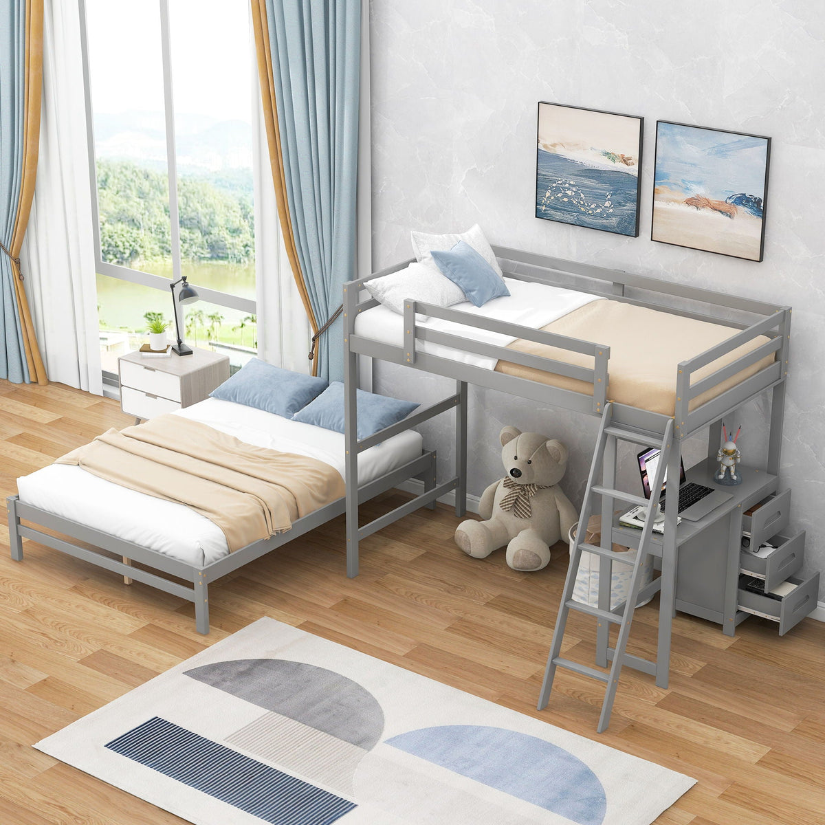 Bunk Bed with Built-In Desk and 3 Drawers - Twin over Full