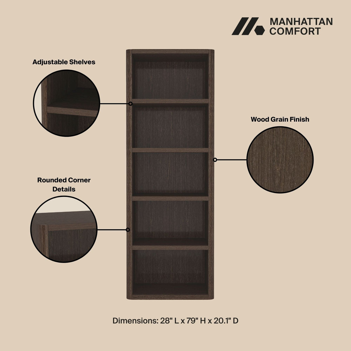Open Bookcase with Adjustable Shelves - 79" High - Black, Light Brown, Dark Brown