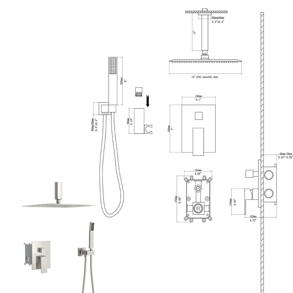 Dual Shower Head 16" Ceiling Mount Shower System with Pressure-Balanced Valve - Gray