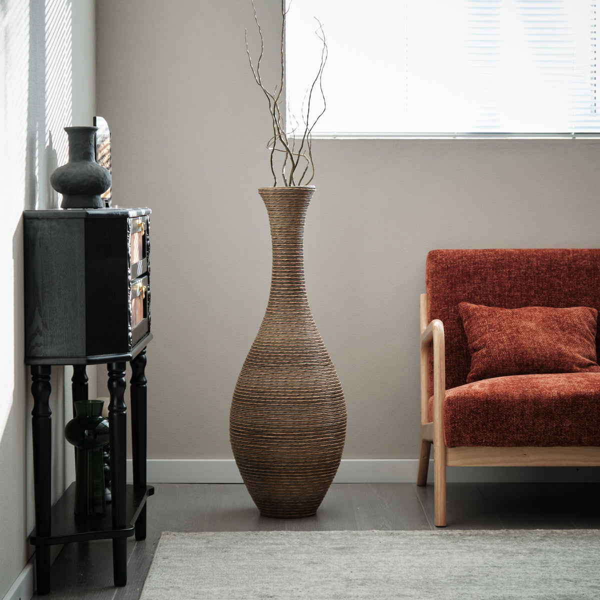 Tall Artificial Rattan Floor Vase with Artistic Design - Beige / Gray