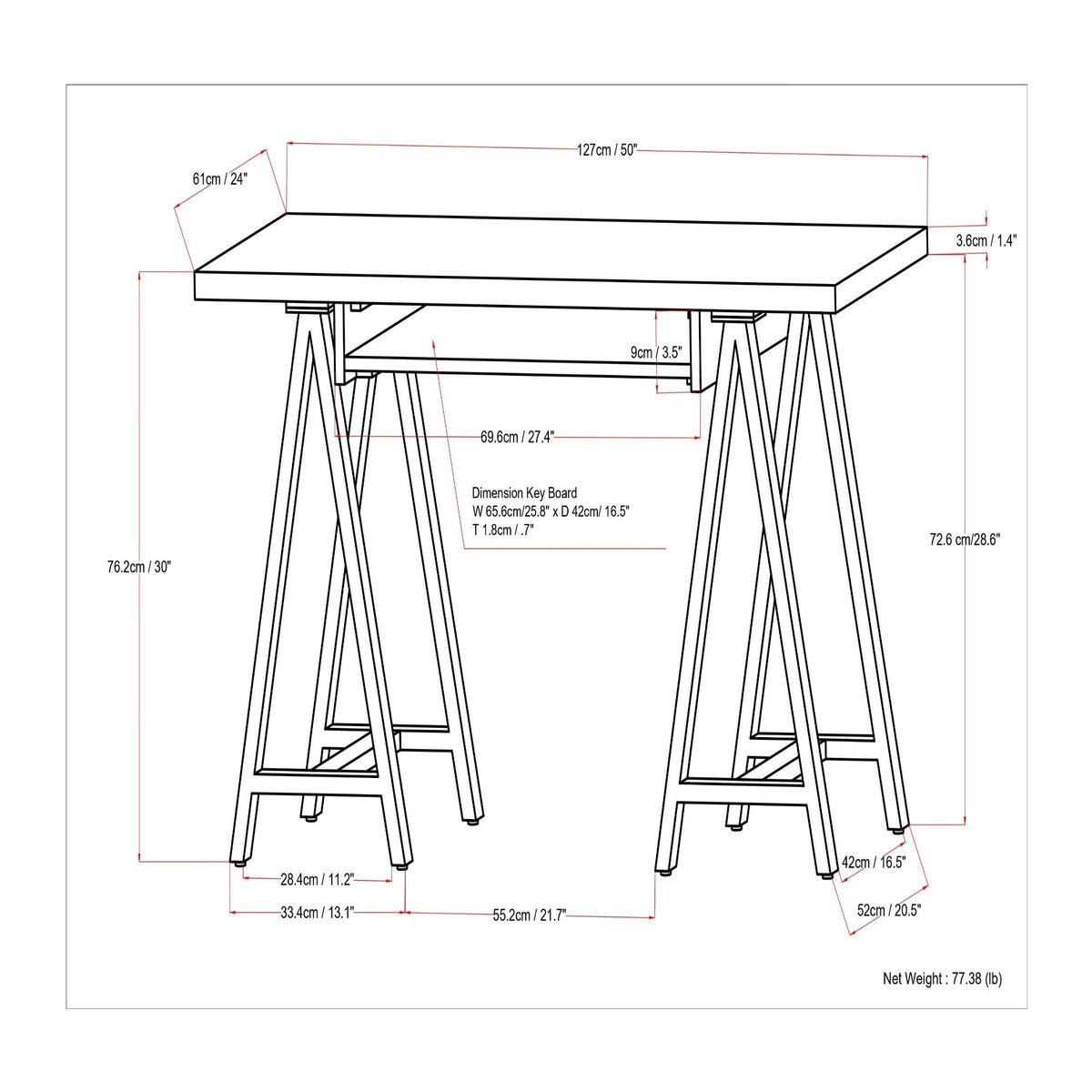 Handcrafted Solid Writing Desk with Sawhorse Metal Supports - Dark Brown