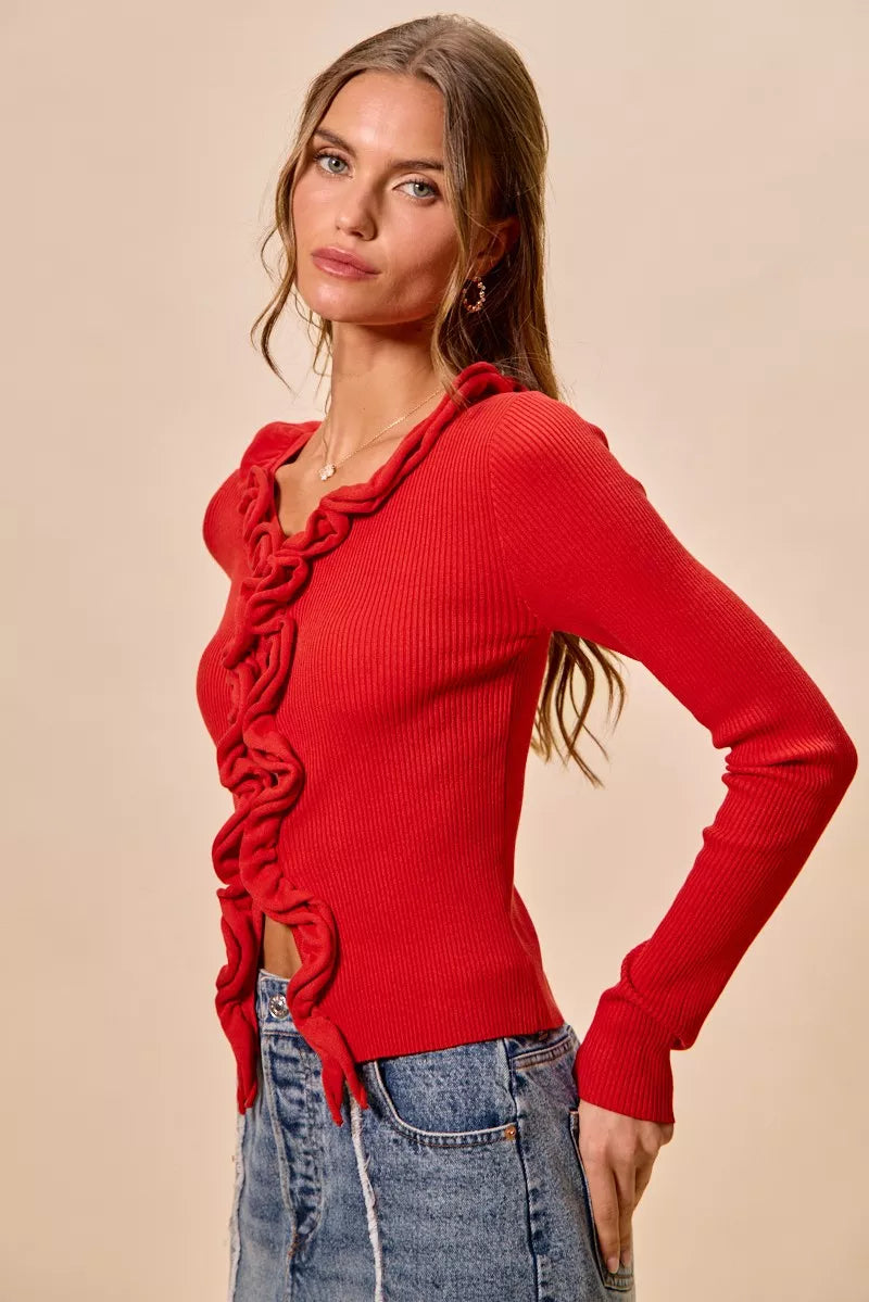 SO ME Cascade Ruffle Ribbed Sweater Cardgian