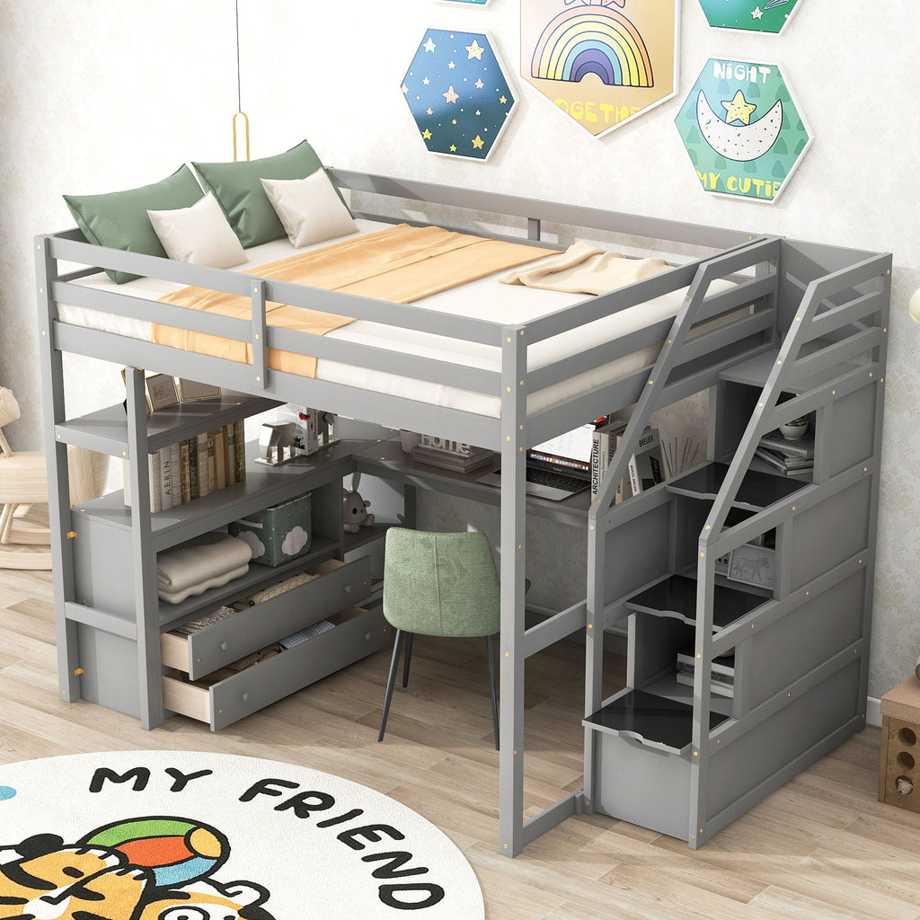 Loft Bed with Desk and Storage Staircase - Full or Twin, White or Gray