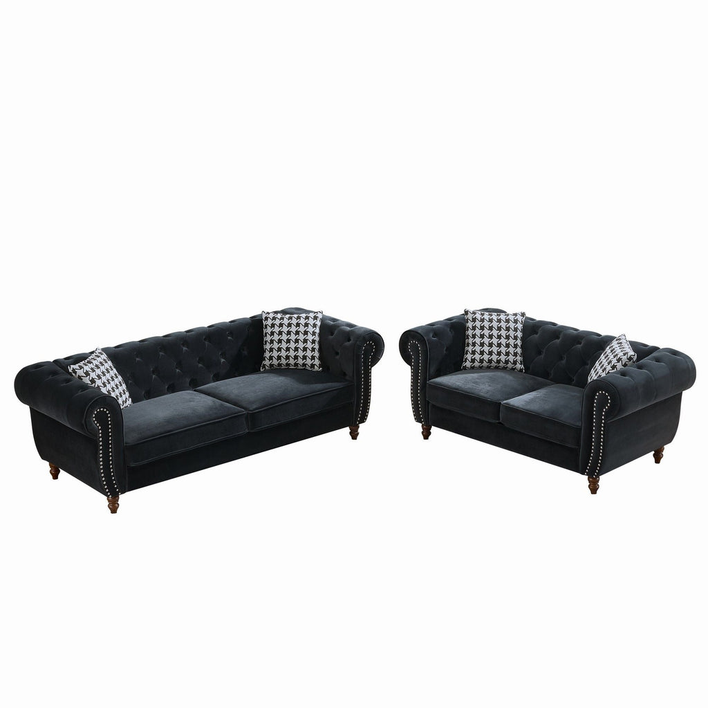 Chesterfield 3 And 2 Seater Upholstery Sofa with Roll Armrest & Nailhead Fabric Couch - Black