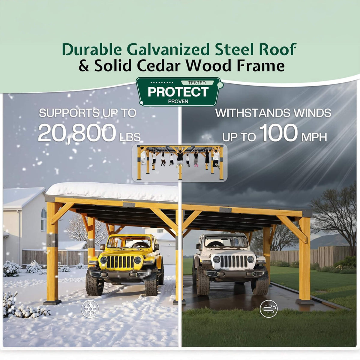 [20X20FT] Heavy-Duty All-Weather Outdoor Cedar Wood Carport With Galvanized Steel Roof (SAK76145)