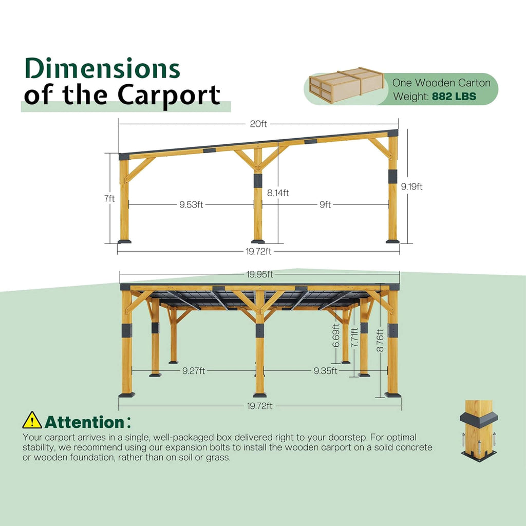 [20X20FT] Heavy-Duty All-Weather Outdoor Cedar Wood Carport With Galvanized Steel Roof (SAK76145)