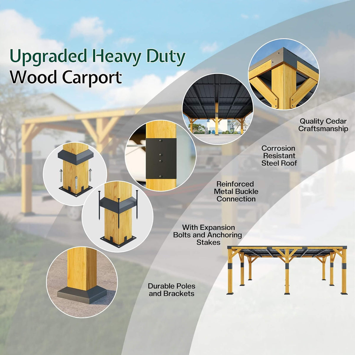 [20X20FT] Heavy-Duty All-Weather Outdoor Cedar Wood Carport With Galvanized Steel Roof (SAK76145)