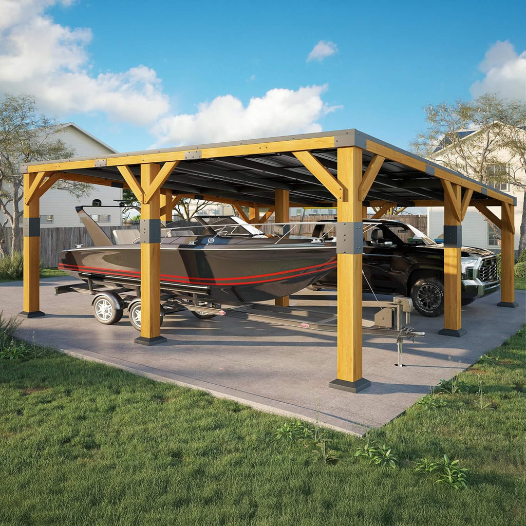 [20X20FT] Heavy-Duty All-Weather Outdoor Cedar Wood Carport With Galvanized Steel Roof (SAK76145)
