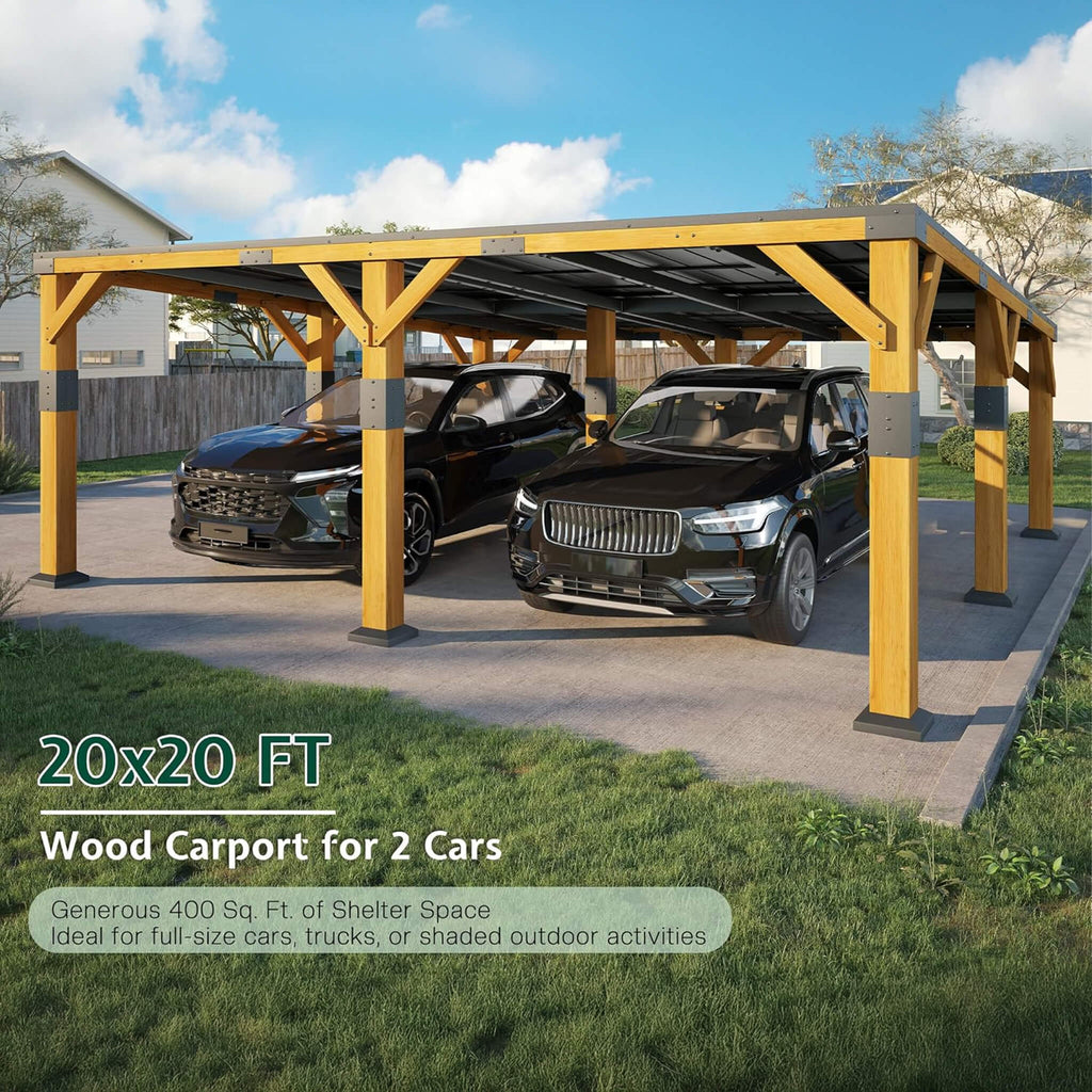 [20X20FT] Heavy-Duty All-Weather Outdoor Cedar Wood Carport With Galvanized Steel Roof (SAK76145)