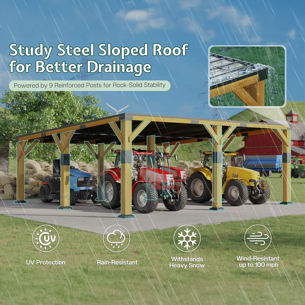 [20X20FT] Heavy-Duty All-Weather Outdoor Cedar Wood Carport With Galvanized Steel Roof (SAK76145)