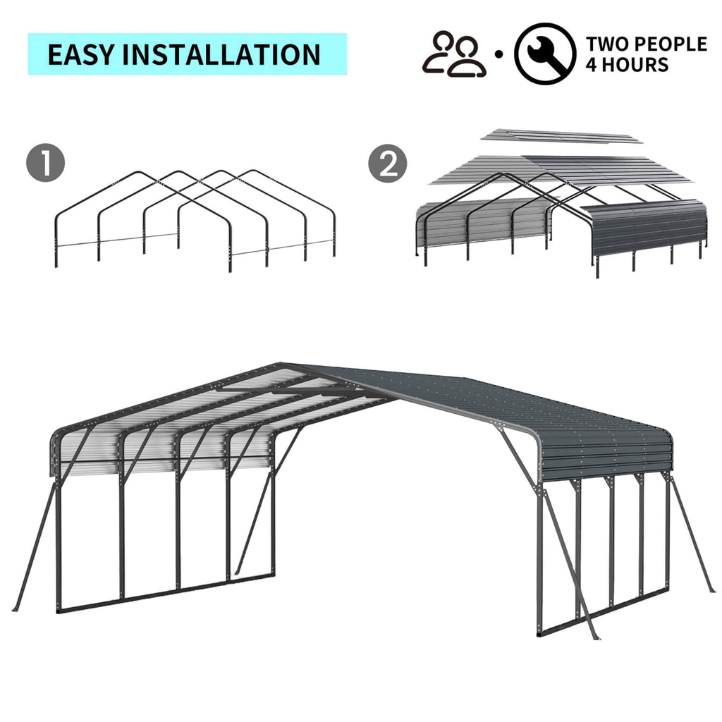 [20X20FT] Extra-Large Heavy-Duty Outdoor Metal Carport With Galvanized Steel Roof For Cars, Boats And Trucks (SAK75633)