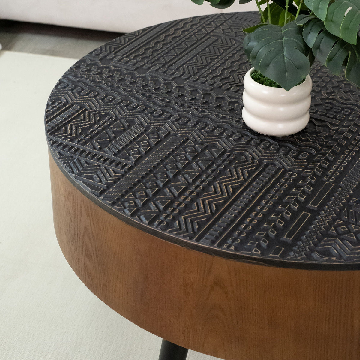 Round Coffee Table with Storage Function - Carved Wood Top - Dark Brown or Black