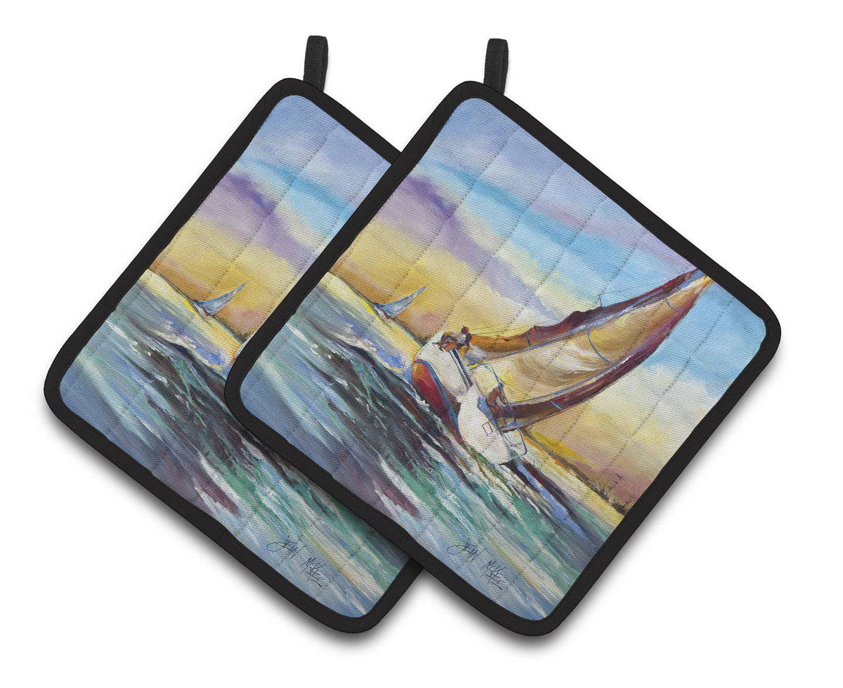 Horn Island Boat Race Sailboats Pot Holder Set of 2 Heat Resistant Quilted Hot Pads 7.5 x 7.5 Inch, Insulated Kitchen Trivets for Cooking & Baking