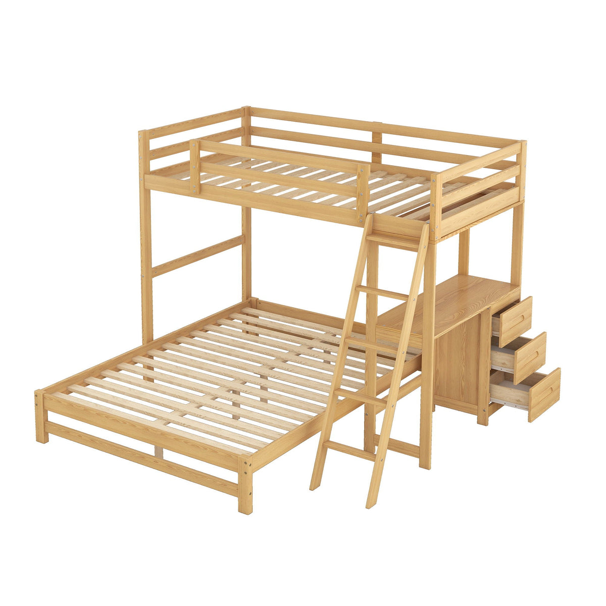 Bunk Bed with Built-In Desk and 3 Drawers - Twin over Full