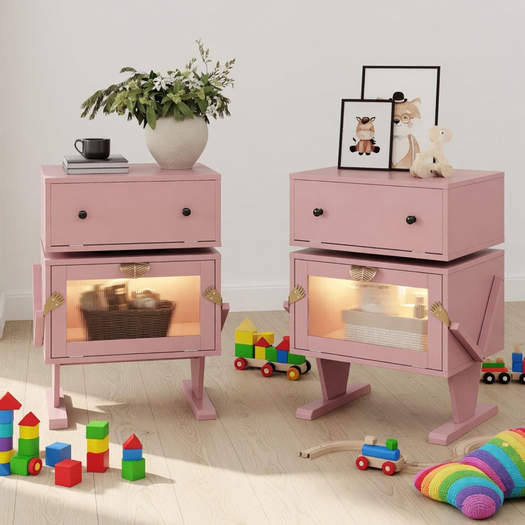 Robot LED Nightstand with 360° Rotating Drawer - White, Pink, or Green