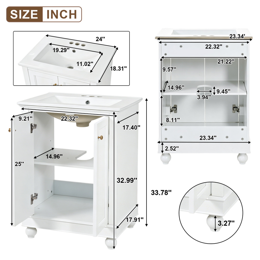 24 Inch Modern Bathroom Vanity Cabinet with Ceramic Sink - White, Blue, Green