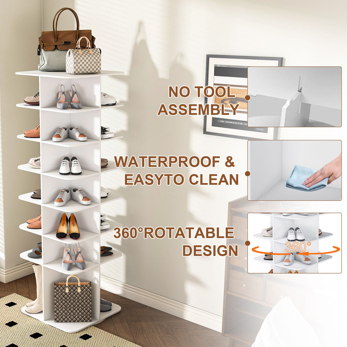 7 Tier Square Rotating Shoe Rack Tower With 360° Spinning Organizer - White