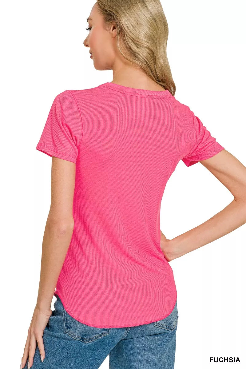 Zenana Ribbed Curved Hem Round-Neck Tee