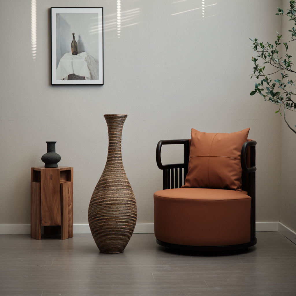 Tall Artificial Rattan Floor Vase with Artistic Design - Beige / Gray
