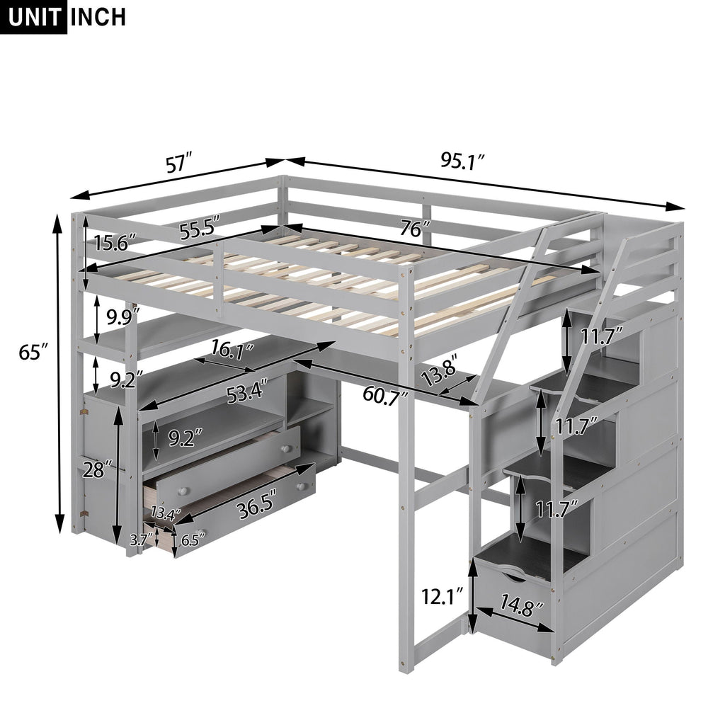 Loft Bed with Desk and Storage Staircase - Full or Twin, White or Gray