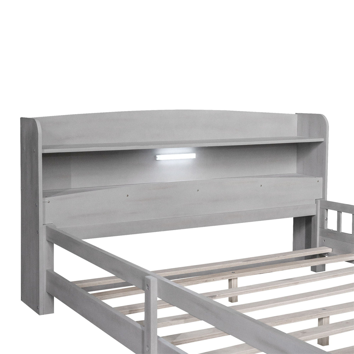 Wood Platform Bed With Built In LED Light, Storage Headboard And Guardrail