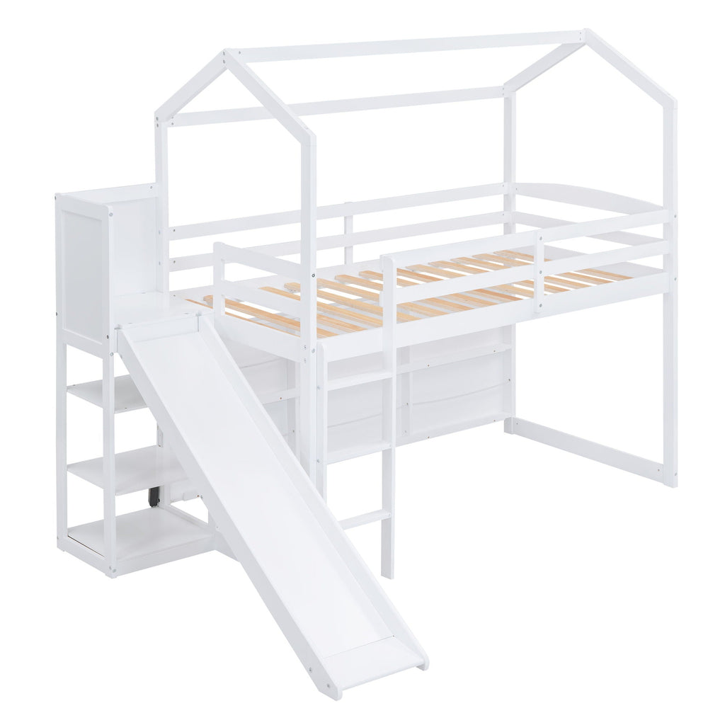 House Loft Bed with Slide and Storage Shelves - Twin with Light