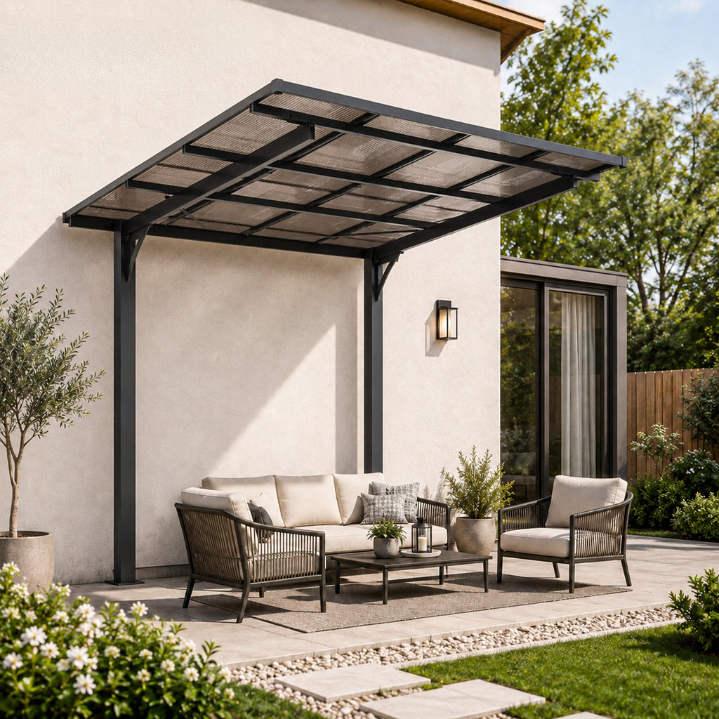 8x8FT Outdoor Carport with Galvanized Steel Frame and Sloped PC Roof - Black